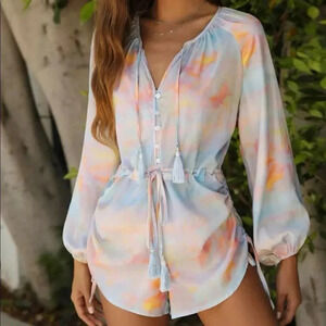 NEW! Boho Tie Dye Button Down Ruched Drawstring Romper With Tassel Accents